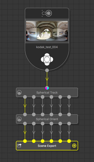 Tree with a 360 degree input clip and Spherical Track, Spherical Orient and Scene Export node