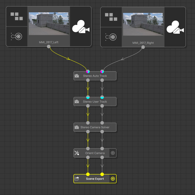 Tree with left eye and right eye clips and Stereo Auto Track, Stereo User Track, Stereo Camera Solver, Orient Camera and Scene Export nodes